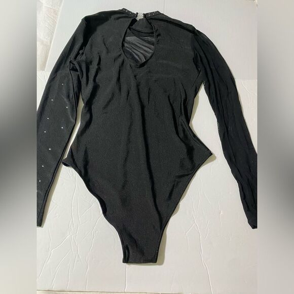 Iefiel Dance costume bodysuit leotard black mesh long sleeve rhinestone adult S - Picture 4 of 10